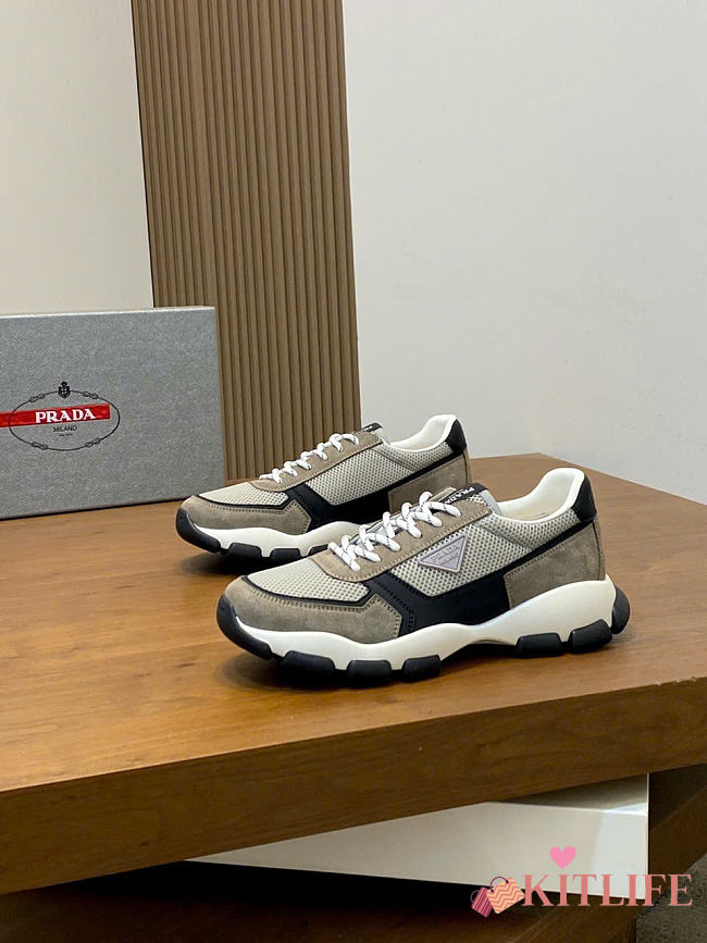 Kitlife Prada White Mesh Fabric And Taupe Suede Sneakers  - 1