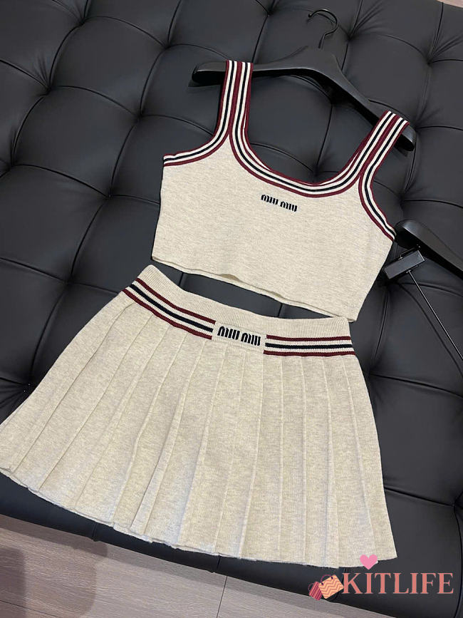 Kitlife Miu Miu Stripe-trim Cashmere Cropped Top Set White - 1