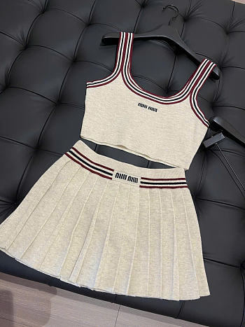 Kitlife Miu Miu Stripe-trim Cashmere Cropped Top Set White