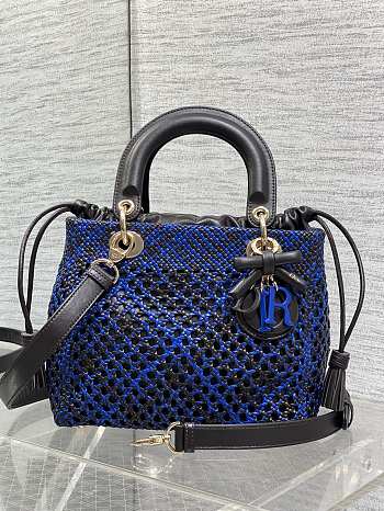 Kitlife Dior Medium Lady Bag Black & Dark Blue Woven Calfskin 24x21x12cm 