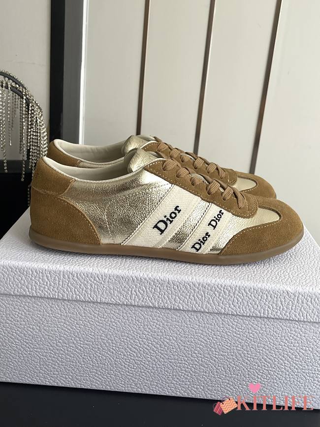 Kitlife Dior Ribbon Sneaker Brown Suede Calfskin and Gold-Tone Crinkled Laminated - 1