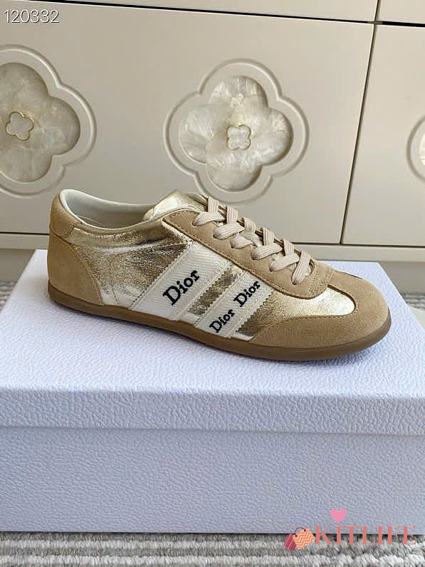 Kitlife Dior Ribbon Sneaker Beige Suede Calfskin and Gold-Tone Crinkled Laminated  - 1