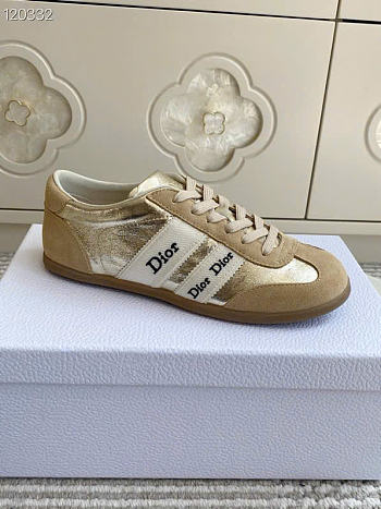 Kitlife Dior Ribbon Sneaker Beige Suede Calfskin and Gold-Tone Crinkled Laminated 