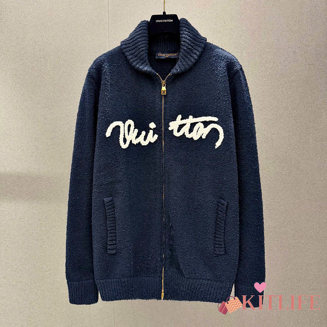 Kitlife Louis Vuitton Logo Zip-Up Knit Cardigan Dark Blue - 1