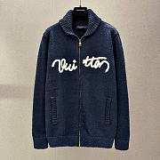 Kitlife Louis Vuitton Logo Zip-Up Knit Cardigan Dark Blue - 1