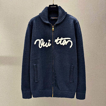 Kitlife Louis Vuitton Logo Zip-Up Knit Cardigan Dark Blue