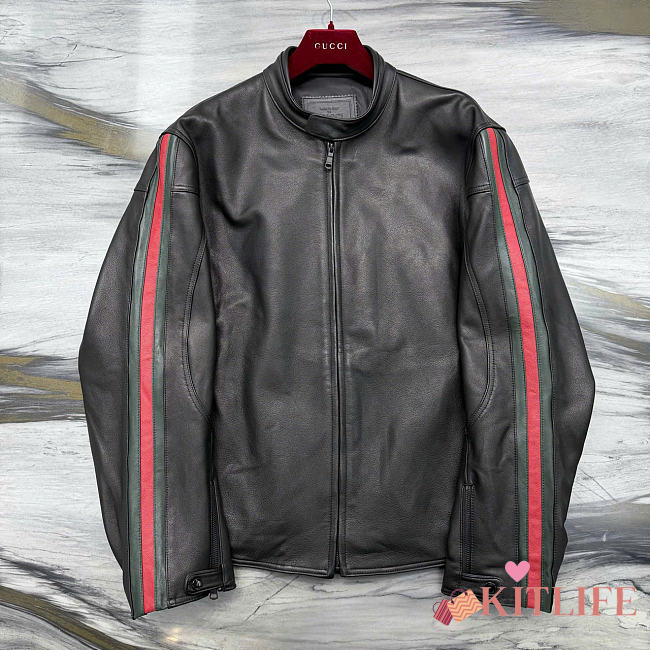 Kitlife Gucci Leather Biker Jacket With Web Detail Black - 1