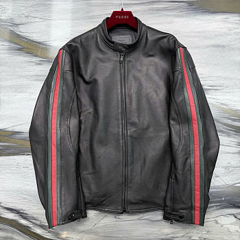 Kitlife Gucci Leather Biker Jacket With Web Detail Black