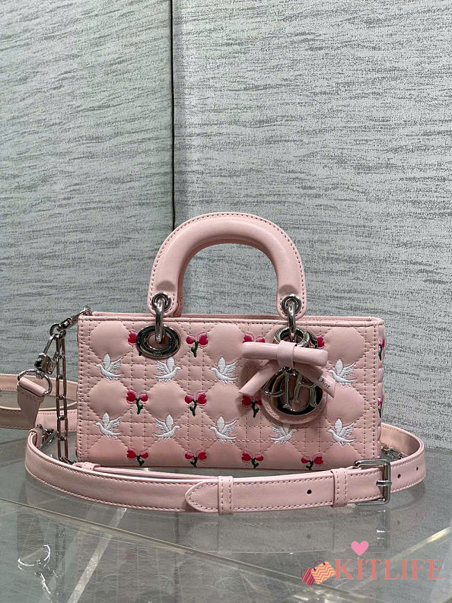 Kitlife Dior Lady D-Joy Bag Pink Cannage Lambskin Embroidered with Multicolor Doves & Roses Motif 22x6x12cm - 1