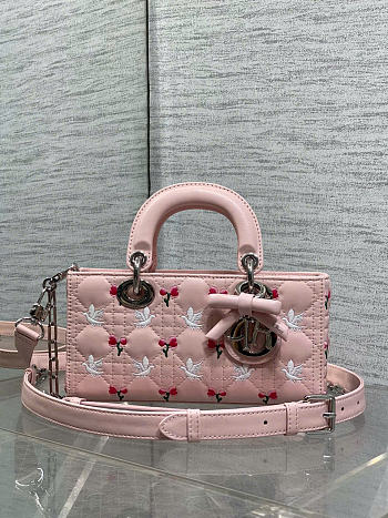 Kitlife Dior Lady D-Joy Bag Pink Cannage Lambskin Embroidered with Multicolor Doves & Roses Motif 22x6x12cm