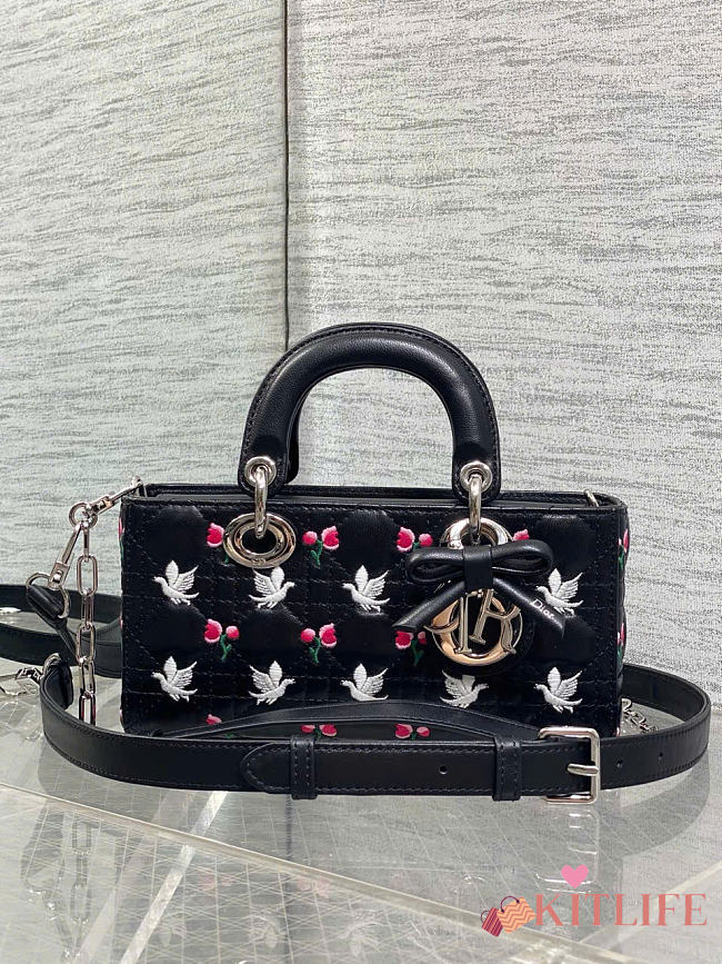 Kitlife Dior Lady D-Joy Bag Black Cannage Lambskin Embroidered with Multicolor Doves & Roses Motif 22x6x12cm  - 1