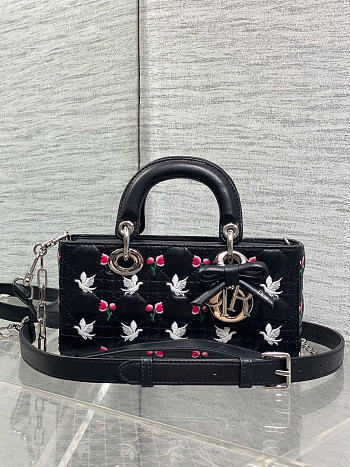Kitlife Dior Lady D-Joy Bag Black Cannage Lambskin Embroidered with Multicolor Doves & Roses Motif 22x6x12cm 
