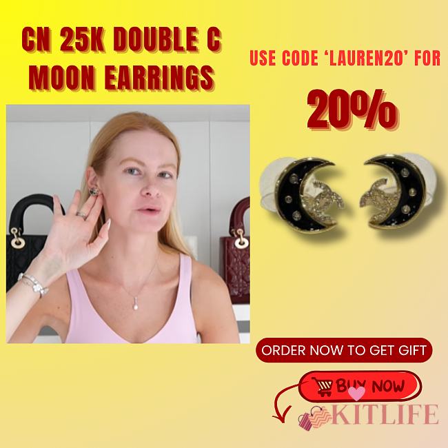 Kitlife Chanel 25K Black Enamel Full Diamond Double C Moon Earrings - 1