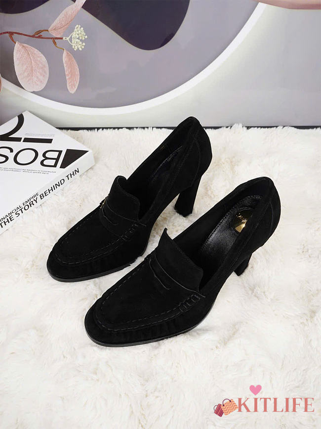 Kitlife Saint Laurent Classic Heeled Loafers Black Suede 100mm - 1