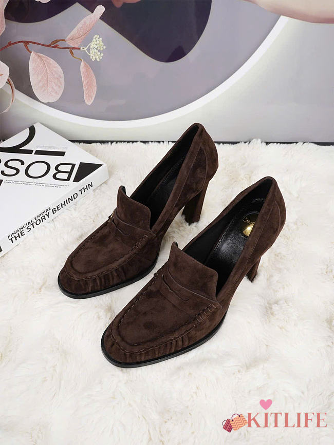 Kitlife Saint Laurent Classic Heeled Loafers Dark Brown Suede 100mm  - 1