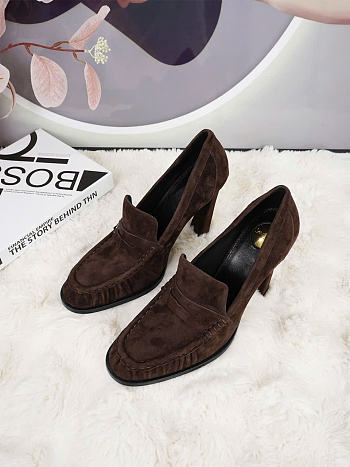 Kitlife Saint Laurent Classic Heeled Loafers Dark Brown Suede 100mm 