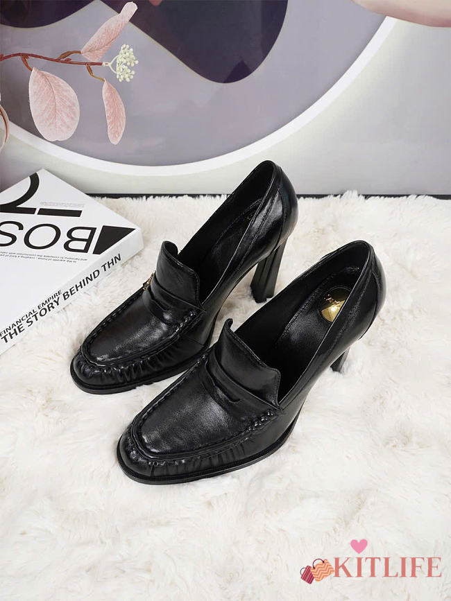Kitlife Saint Laurent Classic Heeled Loafers Black Leather 100mm - 1