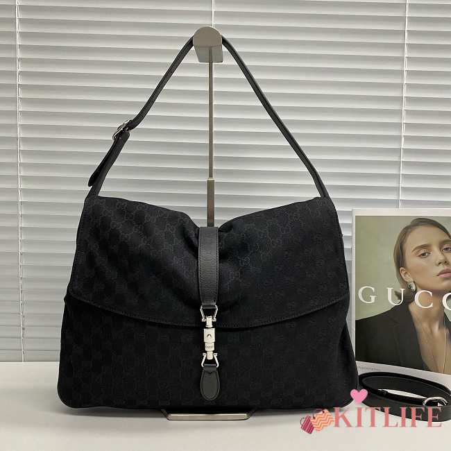 Kitlife Gucci Jackie Flap Large Crossbody Bag Black GG Canvas A005ZI 43x29x5cm - 1