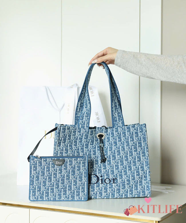 Kitlife Dior Dioriviera Medium Spongy Book Tote Blue Spongy Dior Oblique Fabric 36x27x16cm - 1