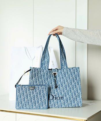 Kitlife Dior Dioriviera Medium Spongy Book Tote Blue Spongy Dior Oblique Fabric 36x27x16cm