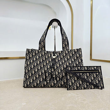 Kitlife Dior Dioriviera Medium Spongy Book Tote Dark Blue Spongy Dior Oblique Fabric 36x27x16cm