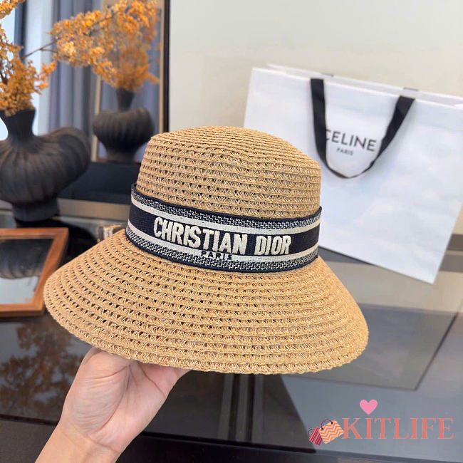 Kitlife Dior Wide-Brim Straw Hat With Embroidered Logo  - 1