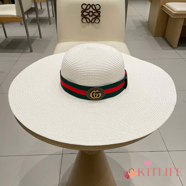 Kitlife Gucci Dome-Top Wide-Brim Straw Hat White - 1