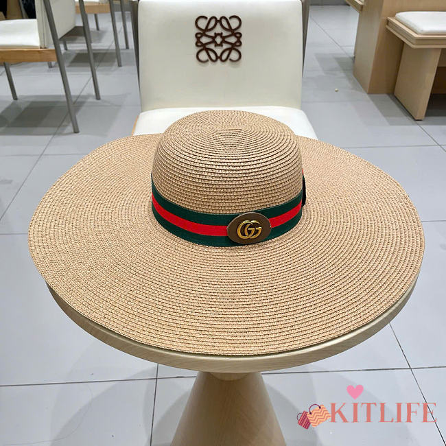 Kitlife Gucci Dome-Top Wide-Brim Straw Hat Beige - 1