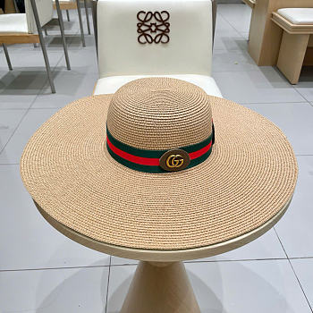 Kitlife Gucci Dome-Top Wide-Brim Straw Hat Beige