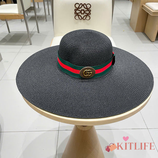 Kitlife Gucci Dome-Top Wide-Brim Straw Hat Black - 1