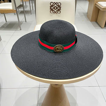 Kitlife Gucci Dome-Top Wide-Brim Straw Hat Black