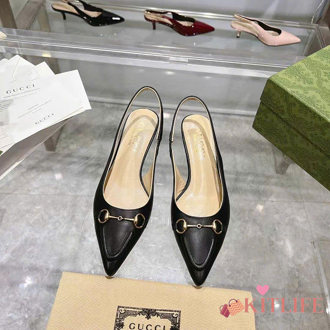 Kitlife Gucci Horsebit Black Leather Slingback Pumps 45mm - 1
