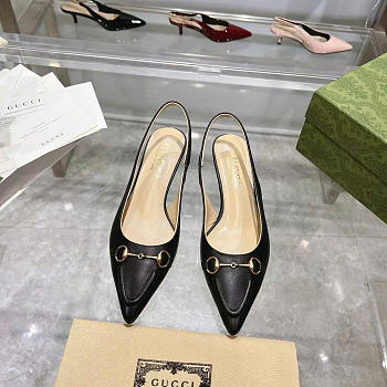 Kitlife Gucci Horsebit Black Leather Slingback Pumps 45mm