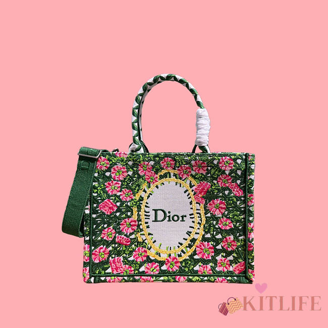 Kitlife Dior Dioriviera Medium Dior Book Tote with Strap Multicolor Cannage Garden Embroidery 36x27.5x16.5cm - 1