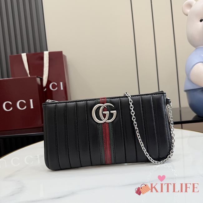 Kitlife Gucci GG Marmont Pouch With Strap Black Leather With Silver Hardware A006X2 26x13x1.5cm  - 1