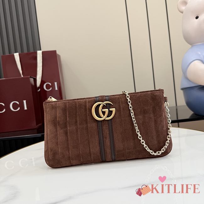 Kitlife Gucci GG Marmont Pouch With Strap Brown Sude A006X2 26x13x1.5cm  - 1