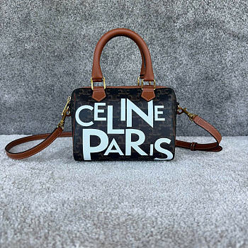 Kitlife Celine Small Boston In Triomphe Canvas Alphabet Print Bag Tan & White 113775 20x14x10cm