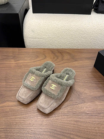 Kitlife Chanel 26P Square-toe Shearling-trimmer Mules Gray Suede