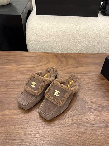 Kitlife Chanel 26P Square-toe Shearling-trimmer Mules Brown Suede