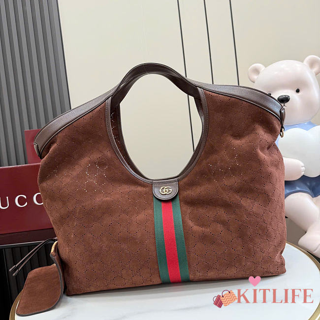 Kitlife Gucci Giglio Large Tote Bag Dark Brown Soft, Perforated GG Suede 853971 60x47x16cm  - 1