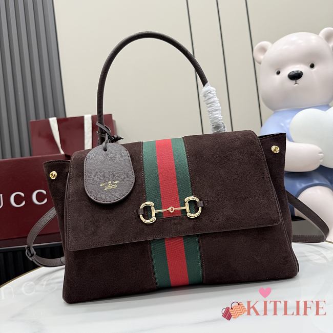 Kitife Gucci Paparazzo Medium Top Handle Bag Dark Brown Suede ‎875018 32x24x17cm  - 1