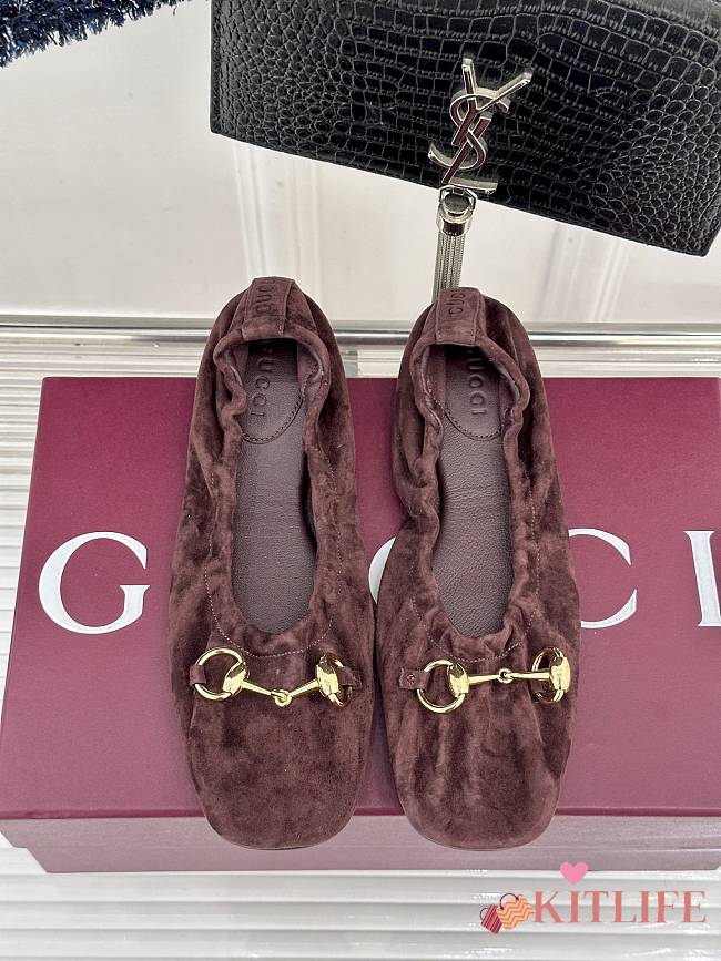 Kitlife Gucci Women's Prima Ballet Flat Shoes Dark Brown Suede - 1