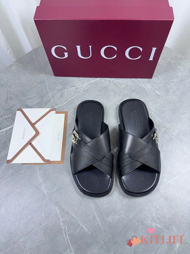 Kitlife Gucci Men's Black Interlocking G Leather Slides - 1