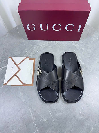 Kitlife Gucci Men's Black Interlocking G Leather Slides