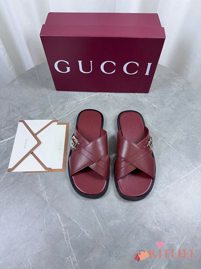 Kitlife Gucci Men's Burgundy Interlocking G Leather Slides - 1