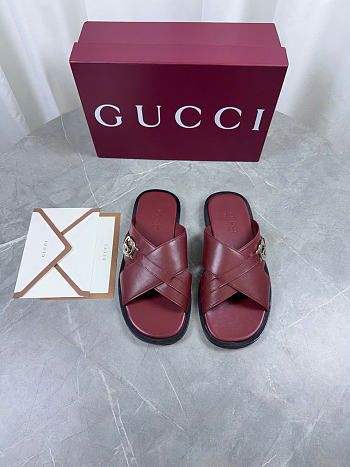 Kitlife Gucci Men's Burgundy Interlocking G Leather Slides