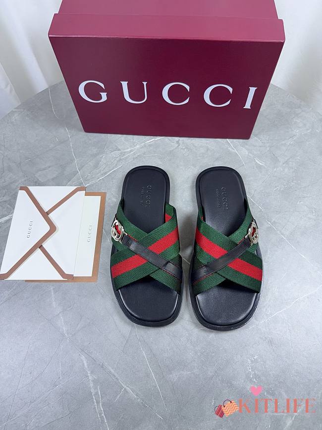 Kitlife Gucci Men Web Sandals with Interlocking GG Green & Red - 1