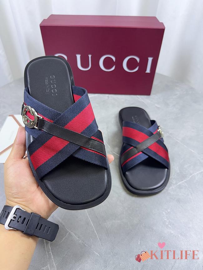 Kitlife Gucci Men Web Sandals with Interlocking GG Dark Blue & Red - 1
