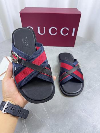 Kitlife Gucci Men Web Sandals with Interlocking GG Dark Blue & Red