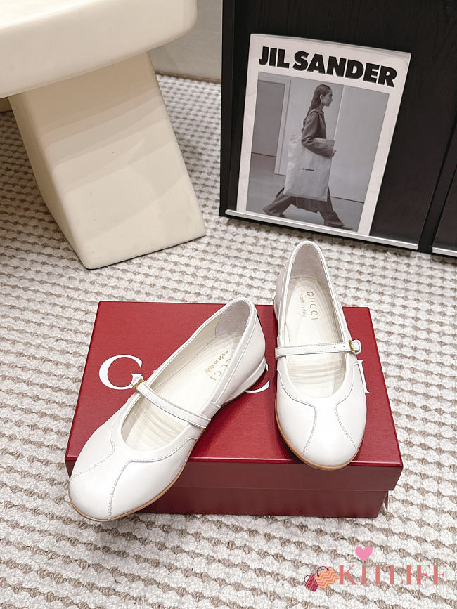 Kitlife Gucci Calf Leather Ballet Flat Shoes White - 1